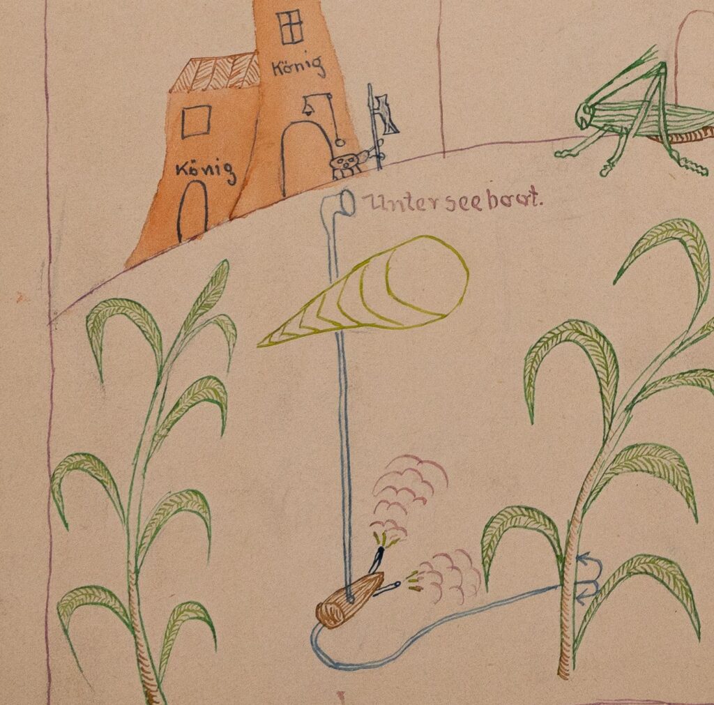 Ein U-Boot inmitten der Landschaft. Zeichnung eines 14 jährigen Jungen, 1928